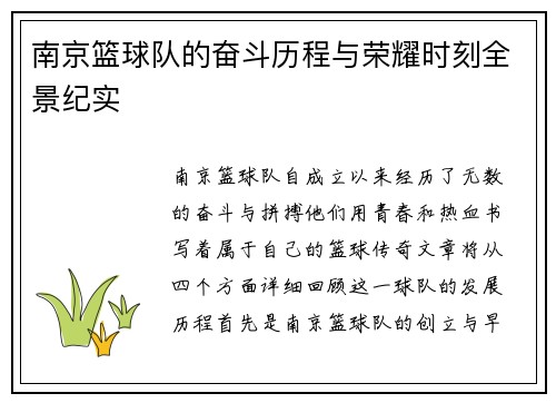 南京篮球队的奋斗历程与荣耀时刻全景纪实