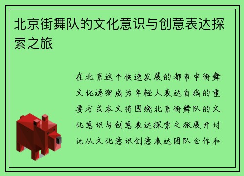 北京街舞队的文化意识与创意表达探索之旅