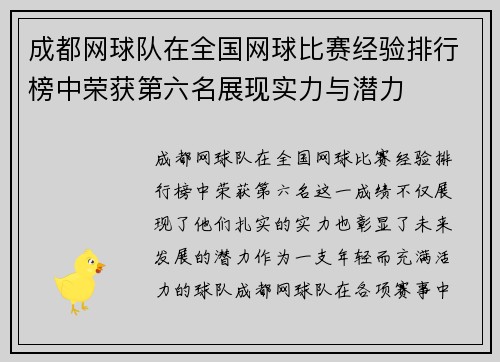 成都网球队在全国网球比赛经验排行榜中荣获第六名展现实力与潜力