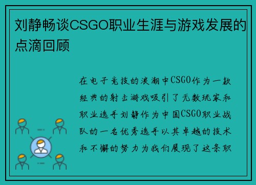 刘静畅谈CSGO职业生涯与游戏发展的点滴回顾