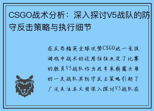 CSGO战术分析：深入探讨V5战队的防守反击策略与执行细节