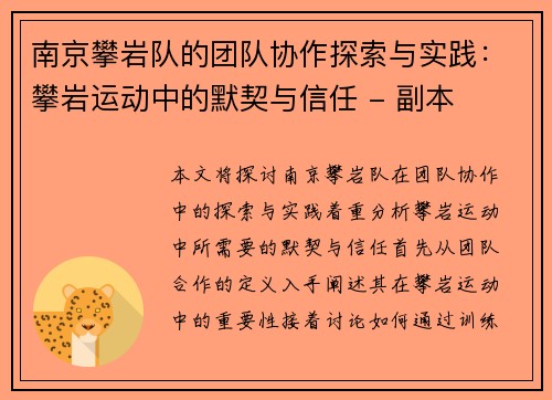 南京攀岩队的团队协作探索与实践：攀岩运动中的默契与信任 - 副本