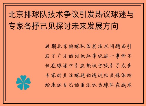 北京排球队技术争议引发热议球迷与专家各抒己见探讨未来发展方向