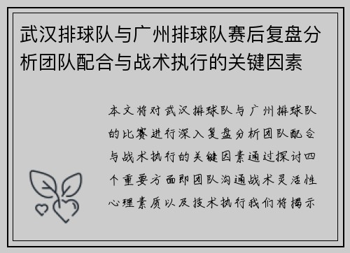 武汉排球队与广州排球队赛后复盘分析团队配合与战术执行的关键因素